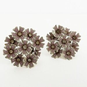 Vintage 50s Coro Style Pink Rhinestone‎ Enamel Large Floral Clip On Earrings MCM